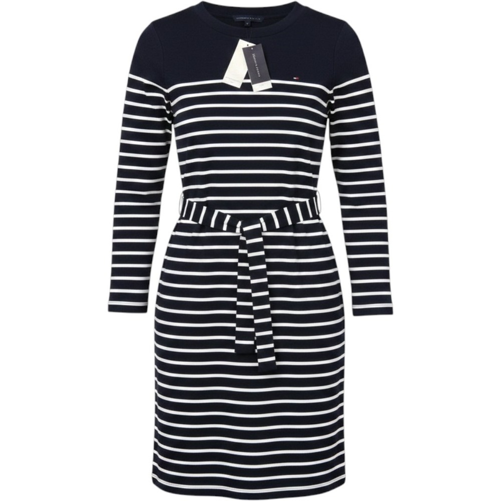 Tommy Hilfiger T-Shirt Dress Women Navy White Stripe Belt Long Sleeve Nautical S